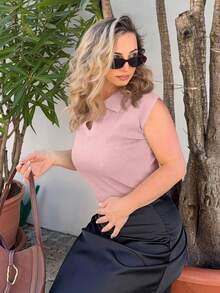 Jeta Ari 1pc Women's Solid Color Sleeveless Casual Knit Top Old Money Style Business Casual Woman Work Clothes - Pink - View 5