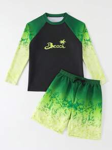 Bộ đồ bơi cho bé trai tuổi teen, áo dài tay in hình trò chơi điện tử + quần short co giãn, đồ bơi mùa hè đi biển lướt sóng. - màu xanh lá - Xem 3