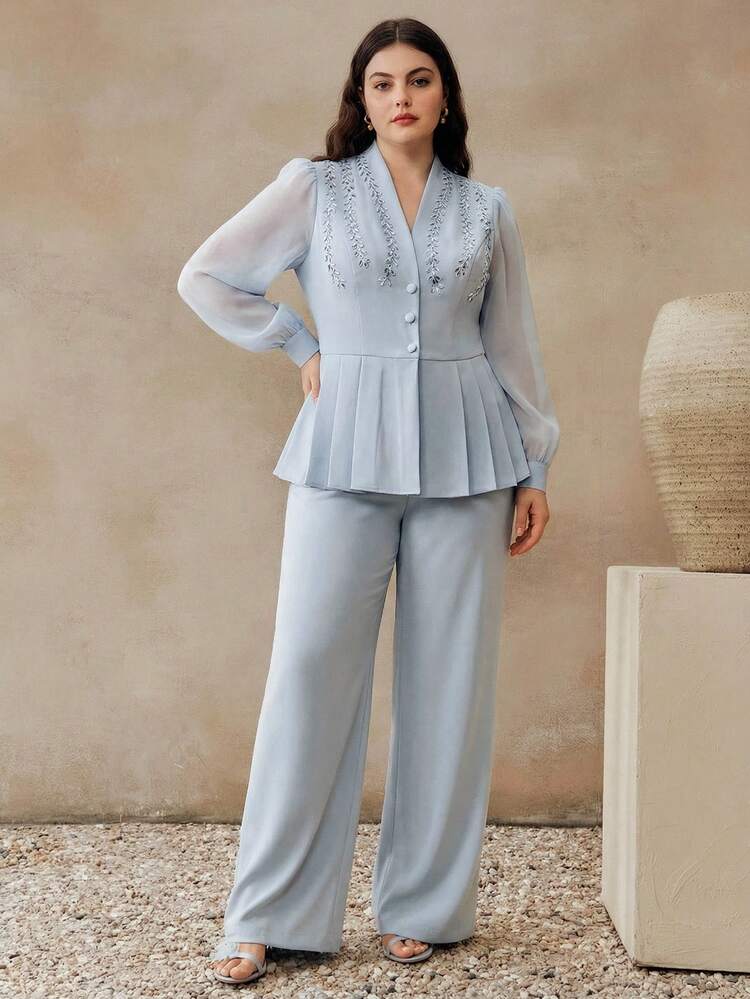 This Plus-Size Elegant Sequined Embroidered Slim-Fit Casual Women's Suit From Anewsta Features Breathable Mesh Sleeves And Is Suitable For Everyday Wear, Commuting, Or Parties.