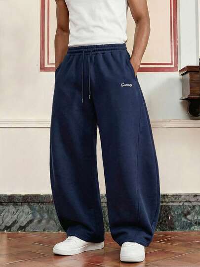SWAVVY Pantalones de chándal holgados y casuales para hombres con bordado, azul marino, primavera/otoño/verano