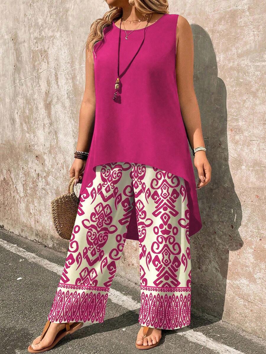EMERY ROSE Plus Size 2 Pieces Set: Paisley Print Sleeveless Top And Wide Leg Pants - Hot Pink - View 1
