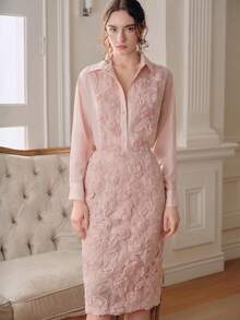 Anewsta 纹理压花提花优雅通勤法式衬衫和中长裙两件套 - 粉色 - 查看 4