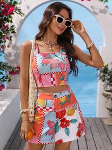 Vivid Eden Bộ 2 món gồm áo vest và quần short bằng vải chiffon in họa tiết dành cho nữ, thích hợp cho kỳ nghỉ xuân/hè. - Nhiều màu - Xem 4