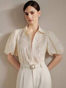 Anewsta 高品质女士衬衫，春夏新款：优雅浅米色亮片珠绣衬衫，泡泡袖，翻领，轻薄透气，适合工作、约会和派对等场合。 - 杏色 - 查看 4