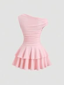 Sweetra French Elegant Asymmetric Shoulder Design Metal Button Accent Textured Knit Dual-Layer Asymmetrical Hem Dress, Fashionable Minimalist Romantic Style For Summer Holiday Party, Young Lady - Pink - View 2