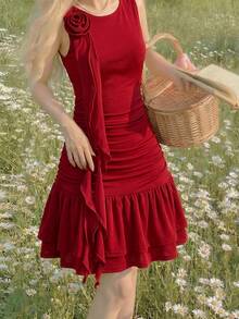 Teen Girl Red Summer Elegant Satin Party Dress,Solid Color 3D Floral Decor Ruffle Sleeveless Tank Spring Casual Dresses - Burgundy - View 6