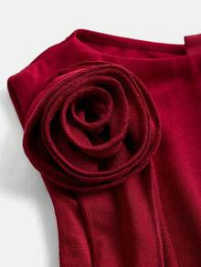 Teen Girl Red Summer Elegant Satin Party Dress,Solid Color 3D Floral Decor Ruffle Sleeveless Tank Spring Casual Dresses - Burgundy - View 9