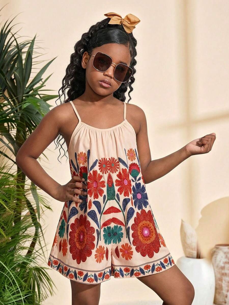 Tween Girls' Casual Vacation Tropical Floral & Print Jumpsuit - Multicolor - View 1