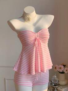 Comfortcana 女士条纹系带抹胸上衣和短裤两件套 - 淺粉色 - 查看 4