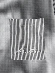AKNOTIC Men's Letter Embroidered Striped Short Sleeve Single-Breasted Casual Pocket Shirt - Black - View 5