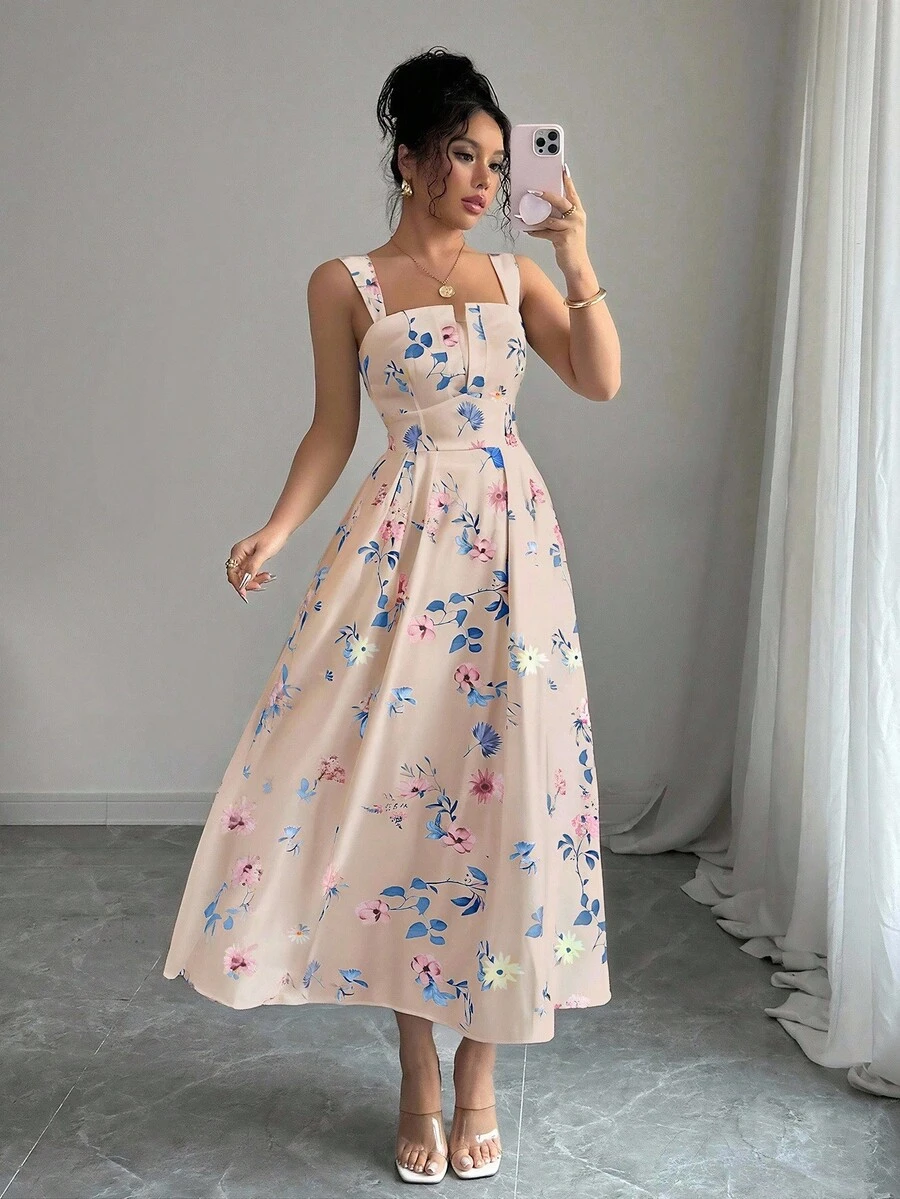 Elenzga Mẫu đầm dài xếp ly thanh lịch, họa tiết hoa mùa xuân/hè mới nhất dành cho nữ. - Bụi hồng - Xem 1