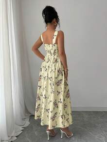 Elenzga Latest Spring/Summer Floral Print Elegant Waist Gathering Pleated Long Dress For Women - Yellow - View 2