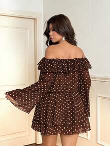 Vionelle Plus Size Sexy Off Shoulder Polka Dot Bow Tie Dress Fall - Brown - View 6