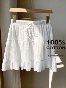 SHEIN EZwear Plus Size Women's Solid Color Waist Tie Ruffle Hem Casual Skirt, Spring/Summer - White - View 1