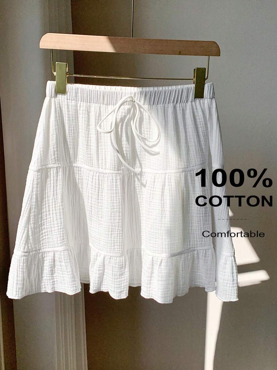 SHEIN EZwear Plus Size Women's Solid Color Waist Tie Ruffle Hem Casual Skirt, Spring/Summer - White - View 1