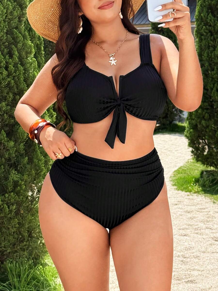 Swim Vcay Plus Size Women V-Neck Removable Strap Backless Metallic Fabric Swimwear Set With Ruched Triangle Bottoms, Vacation & Party Wear - Black - View 1