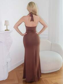 Turnttoni 黄色奶油色性感深V领优雅吊带长裙，适合春夏穿着；棕色性感吊带连衣裙，棕色连衣裙，优雅高贵派对装扮 - 咖啡棕 - 查看 2