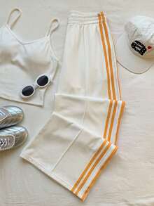 Comfortcana 女士休闲通勤上学运动弹力腰白色撞色条纹侧边宽松阔腿运动裤，春夏款 - 白色 - 查看 4