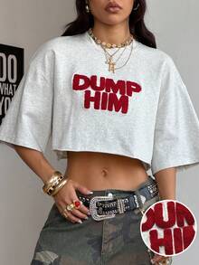 Coolane 女士字母印花落肩短款休闲宽松T恤 - 灰色 - 查看 2