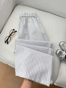 Elamini Women's New Summer Casual Pants With Drawstring Waist, Low Waist Design, Suitable For Daily Commute, School Style, Office, Leisure Travel, Black And White Striped - Black and White - View 2