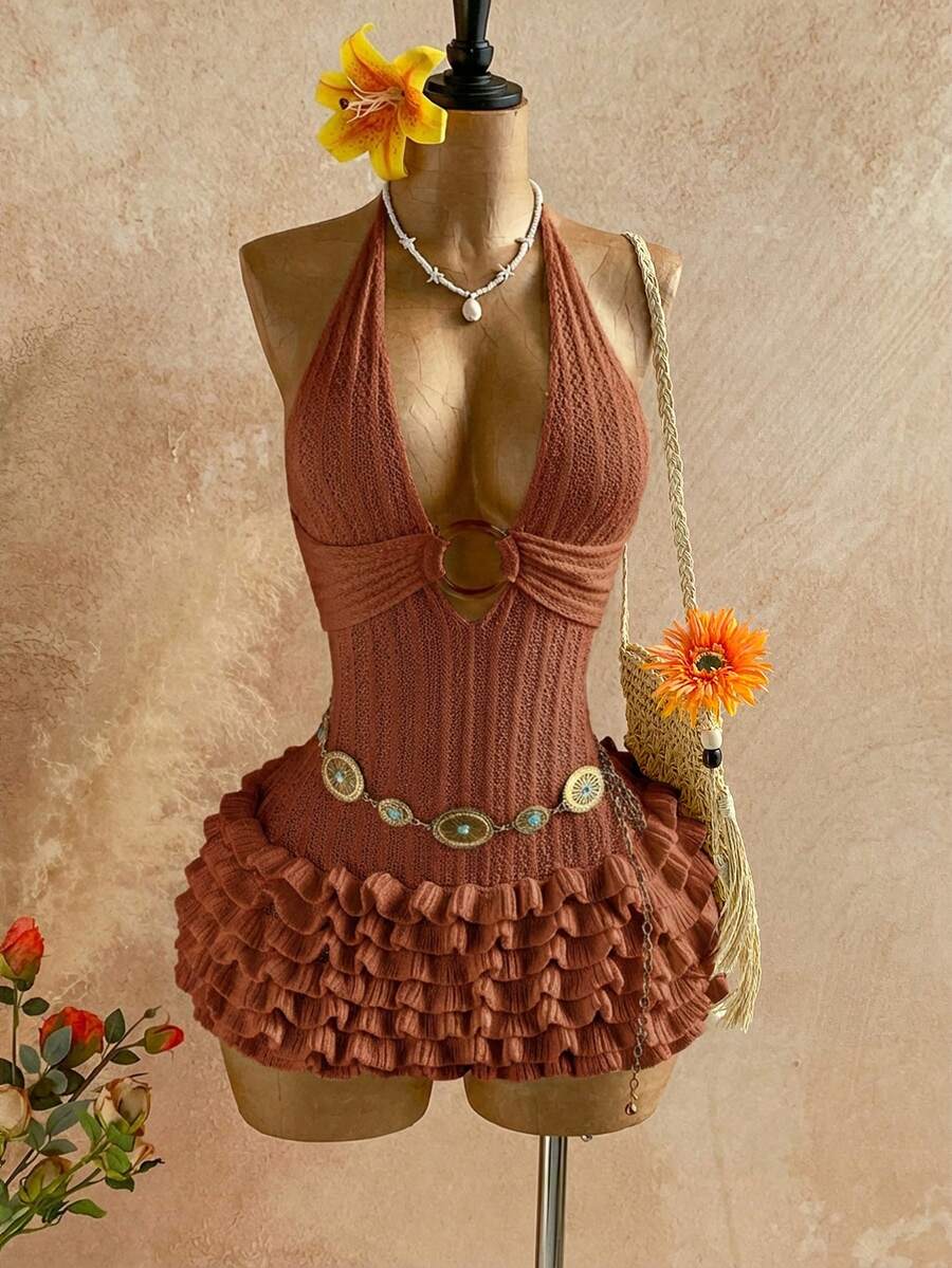 Soleia 女士白色露背迷你蛋糕裙,适合度假 - 咖啡棕 - 查看 1