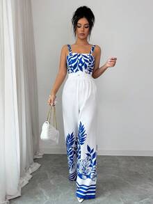 Elenzga Sleeveless Printed Top & Blue-White Placement Print 2 Pieces Set, Elegant Vacation Casual - Multicolor - View 6