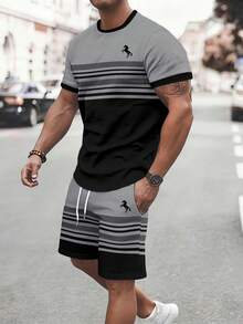 Manfinity Homme 男士休闲撞色圆领短袖T恤短裤套装，夏季 - 彩色 - 查看 3