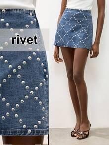 Maija Women's Blue Denim Midi Skirt, Studded A-Line Skirt, Elegant Women's Wear, Jeans Skirt - Medium Wash - View 1