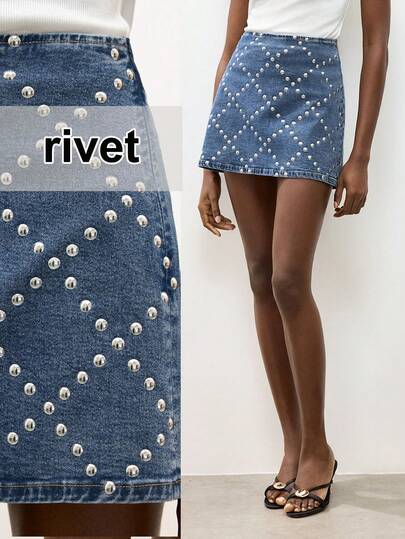 Maija Women's Blue Denim Midi Skirt, Studded A-Line Skirt, Elegant Women's Wear, Jeans Skirt