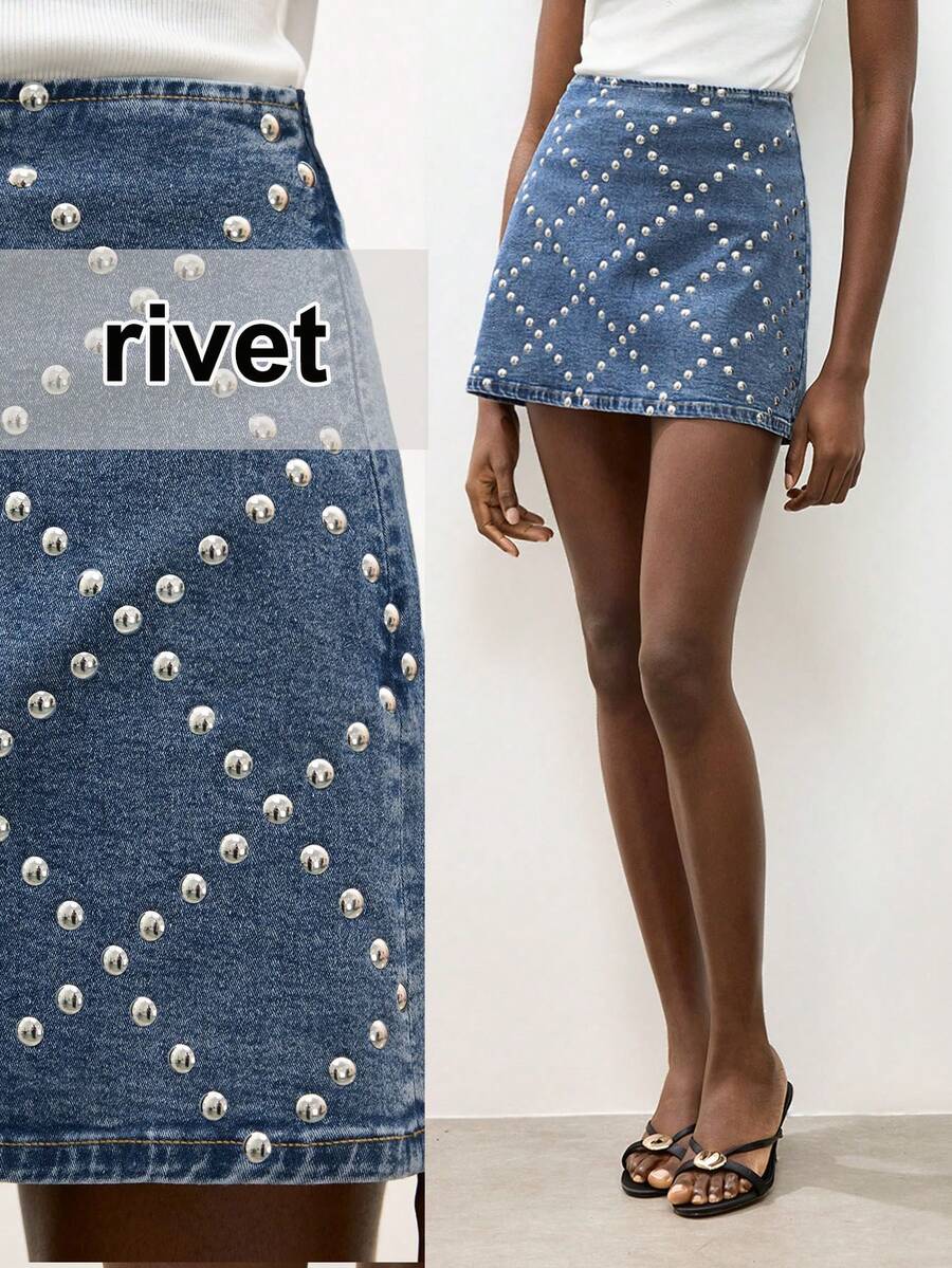 Maija Women's Blue Denim Midi Skirt, Studded A-Line Skirt, Elegant Women's Wear, Jeans Skirt - Medium Wash - View 1