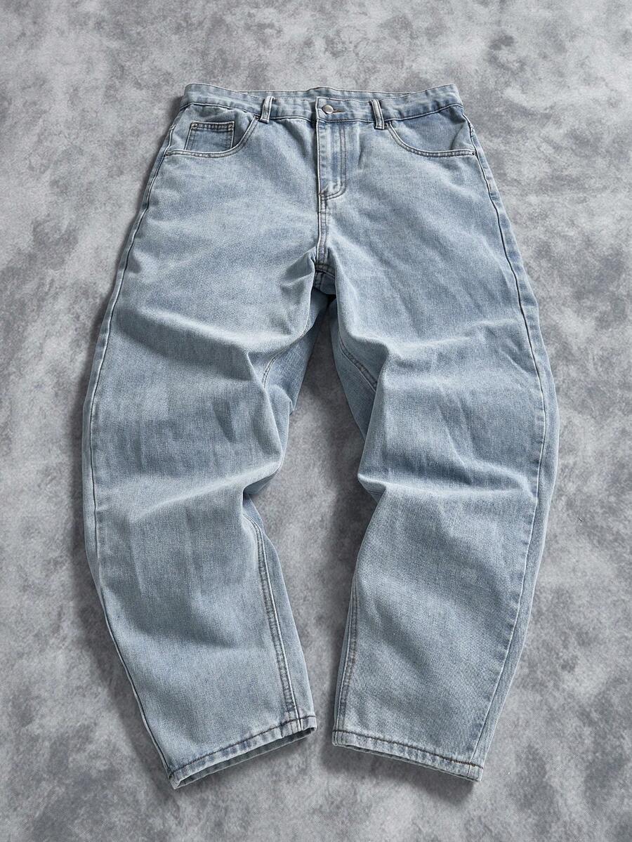Manfinity ZONE917 Loose Fit Men's Straight Leg Jeans With Slant Pockets Baggy Oversize Long Washed Skater Jean Cargo Plain Light Blue Going Out Y2K Friends Work Going Out Urban Vacation - Light Wash - View 1