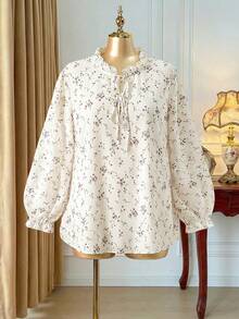 Rometta 加大码随机印花长袖系带衬衫 - 白色 - 查看 3