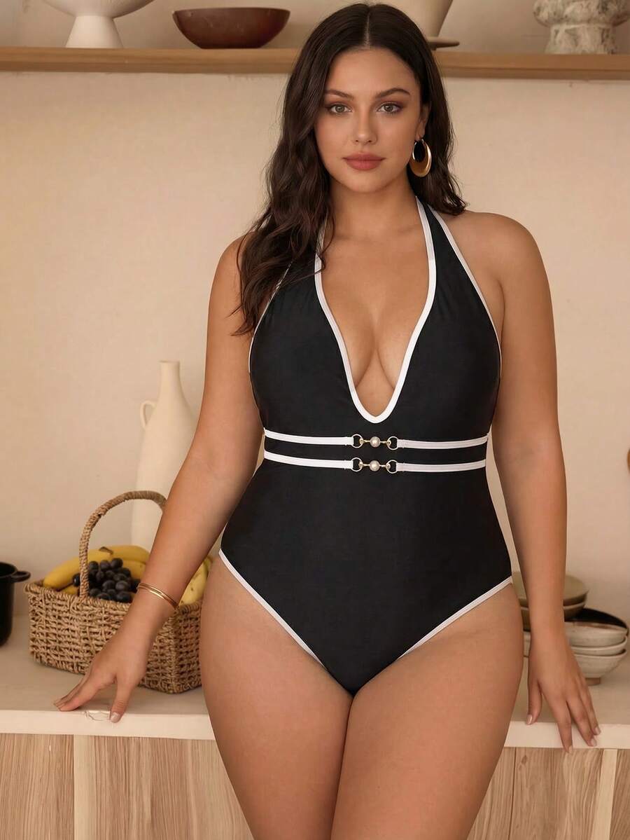 Swim Chiccia 2026 New Summer Beach Vacation Elegant Swim SXY Women Deep V-Neck Tie Faux Pearl Decor Contrast Color Casual Beach Bikini Set, Suitable For Summer Beach Vacation Plus Size One-Piece Swimsuit - Black - View 1