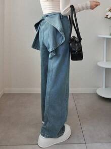 FRIFUL Women's Solid Color Twist Pocket Casual Jeans - Blue - View 4