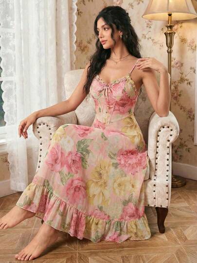 Modelyn 女士成熟性感花卉印花荷叶边网眼吊带睡衣