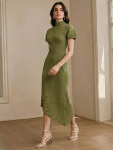 Anewsta 女士绿色高领针织连衣裙，适合初夏、度假、办公通勤穿着。 - 綠色 - 查看 6