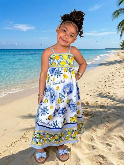 Vestido largo de línea A con estampado de limón, casual y lindo para niña, color amarillo