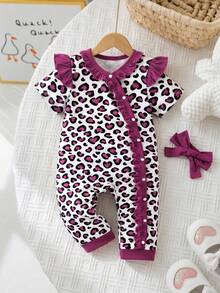 SHEIN 2件套婴儿男女通用婴儿幼儿新生儿0-3岁情人节爱心图案荷叶边装饰按扣连体衣和红色发带套装，春夏款，适合新年、情人节、生日派对、节日、拍照、新生儿连体衣、男女通用连体衣 - 紫羅蘭色 - 查看 11