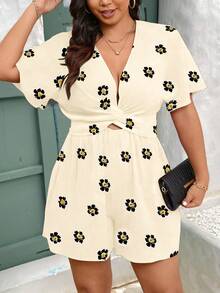 EMERY ROSE Celana Pendek Wanita Ukuran Besar Motif Bunga Leher V Tali Serut Pinggang Model A-Line Lengan Pendek Kasual Elegan, Musim Semi/Panas - Aprikot - View 4
