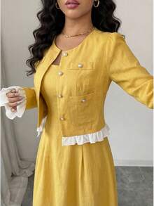 Selianne 蓝白拼接无袖连衣裙，带纽扣口袋，优雅休闲通勤装扮，女士之选 - 黃色 - 查看 5