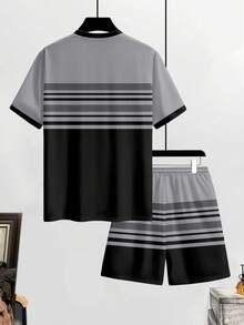 Manfinity Homme 男士休闲撞色圆领短袖T恤短裤套装，夏季 - 彩色 - 查看 2