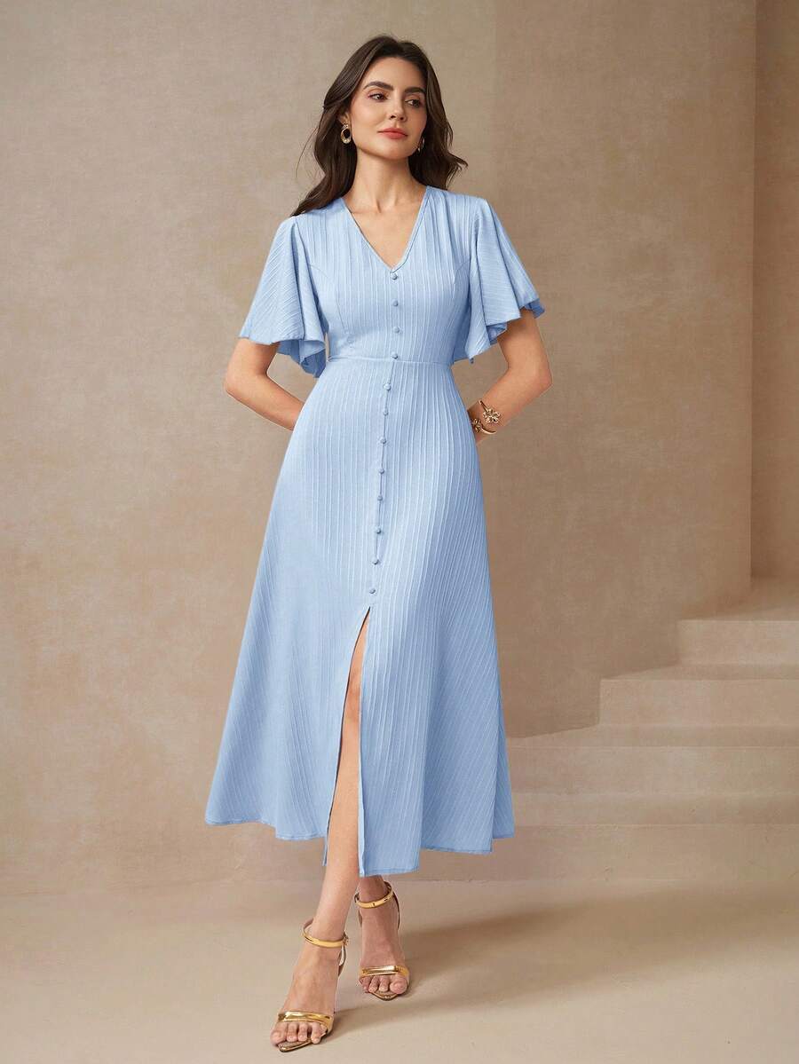 Amorya Women's Butterfly Sleeve Button Front Slit Thigh Dress - Dusty Blue - View 1