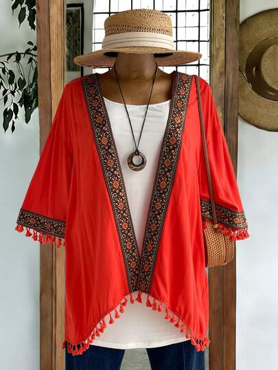 Rusticease Kimono de cardigan de talla grande para mujer con estampado de flecos y patchwork para vacaciones de verano