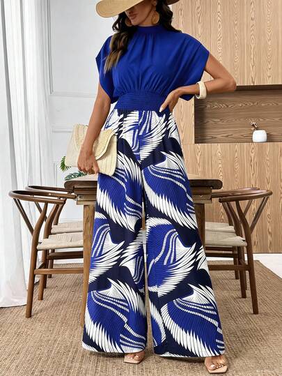 Louniche Elegant Women's Blue Fitted Waist Sleeveless Printed Jumpsuit, Versatile For Casual, Work, Party, Wedding, Summer, High-End Romantic Holiday