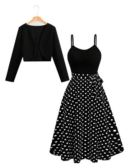 GlowEve CURVE Bộ 2 món dành cho nữ cỡ lớn, kiểu dáng thanh lịch, thường ngày, họa tiết chấm bi, dây mảnh, dáng chữ A, kèm áo khoác dài tay màu trơn.