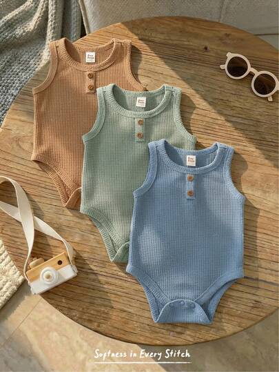 Cozy Pixies 3pcs Baby Boy Solid Color Soft Knit Crew Neck Short Sleeve Romper Set, Versatile & Comfortable