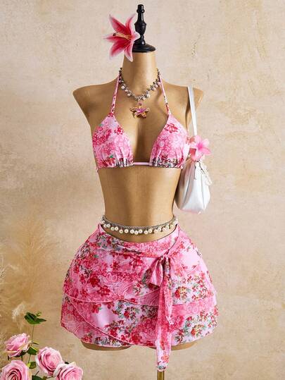 Bellisia Bộ đồ bơi 3 mảnh kẻ caro Jacquard màu hồng và trắng dễ thương, ngọt ngào, thích hợp cho kỳ nghỉ hè và đi biển dành cho nữ.