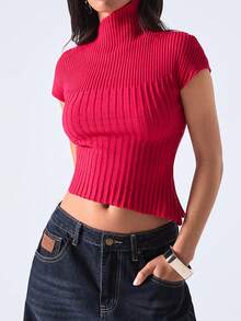 LYSMO 2026 New Arrive Minimalism Spring/Summer Women's Casual Commuting Minimalist Solid Color High Neck Cap Sleeve Asymmetrical Hem Fitted Knit Top - Red - View 5
