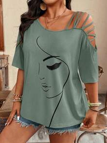 EMERY ROSE Plus Size Asymmetric Strap Portrait Print Short Sleeve T-Shirt - Multicolor - View 6