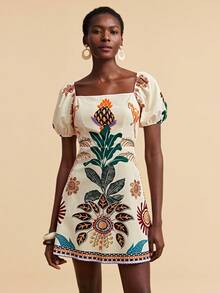 Travachic Women's Spring/Summer Tropical Plant Print Collar Petal Sleeve Short Dress - Multicolor - View 6